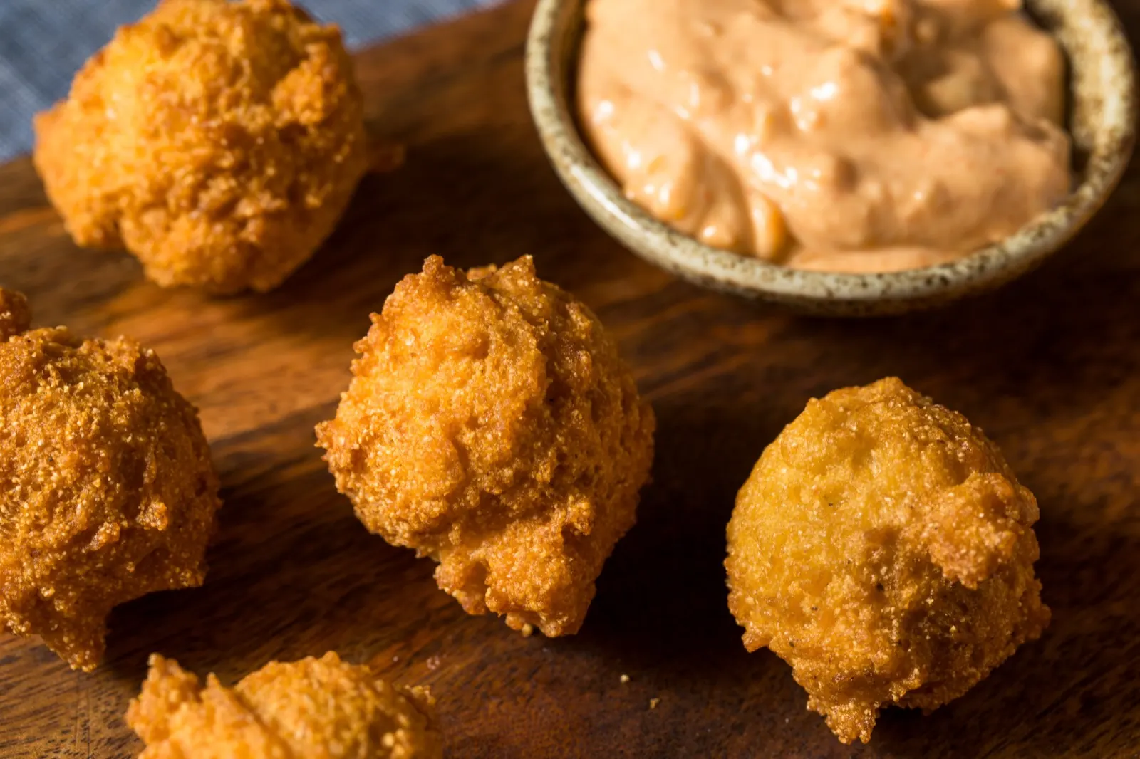 Golden hushpuppies on a wooden board
