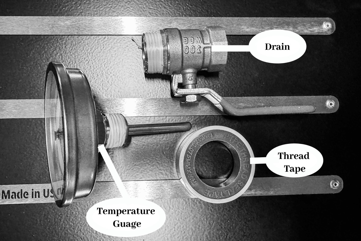 Drain valve, temperature gauge, and thread tape